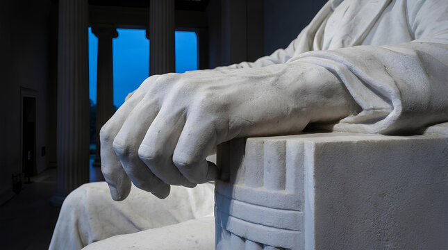 Close up of Lincoln Memorial statue hands and columns at dusk