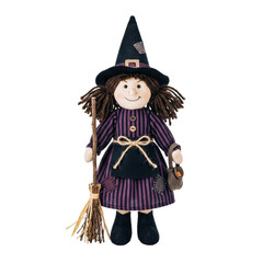 Obraz premium Witch doll with broom and bag on white background
