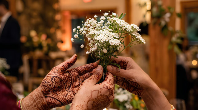 Close up of two women hands with henna designs holding a small bouquet of white flowers