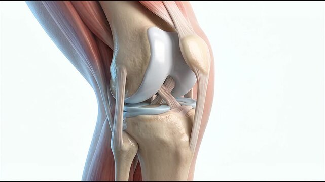 3D Medical Illustration of Human Knee Joint Highlighting Pain and Inflammation with Red Glow Indicator