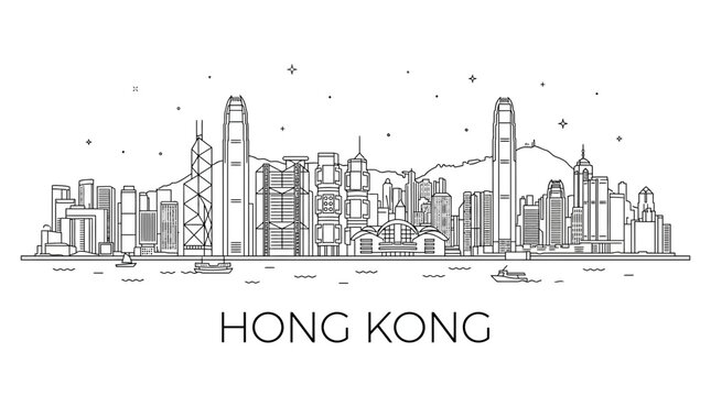 Hong Kong skyline line art vector illustration.