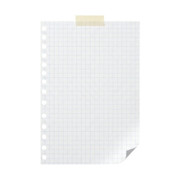 Sheet of lined paper with holes and tape stuck to the top edge isolated on white background