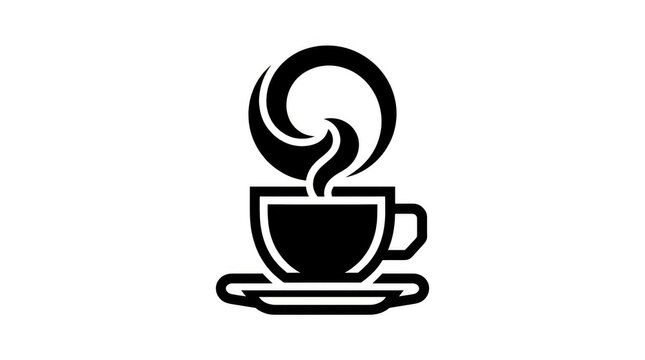 Minimalist black and white coffee cup icon with rising steam and circular swirl for cafe logo or breakfast menu design graphic element isolated on white