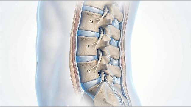 3D medical illustration of lumbar spine herniated disc and lower back pain at L4 and L5 vertebrae.