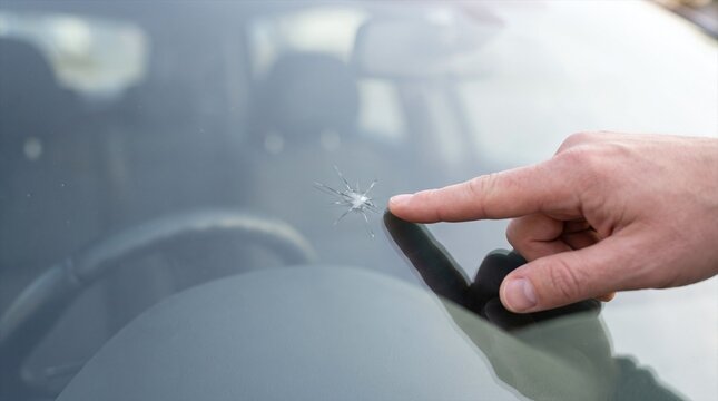 Finger points car windshield defect caused by a flying rock on the road.