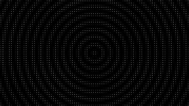 Seamless loop: monochrome dot grid forms hypnotic concentric circle waves on black field. White particles create optical rhythm pattern. Minimalist technical aesthetic for data science.