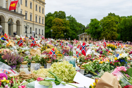 National mourning tribute with flowers and Norwegian flags in front of the Royal Palace in Oslo honouring King Harald V