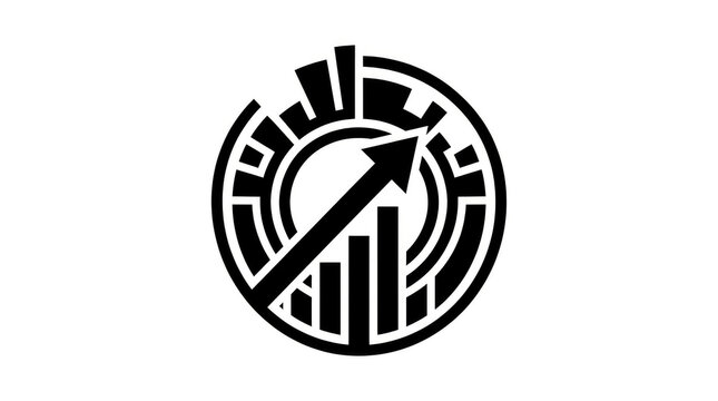Black circular vector icon highlighting business growth with bar charts and an upward arrow symbolizing financial success and market data analysis