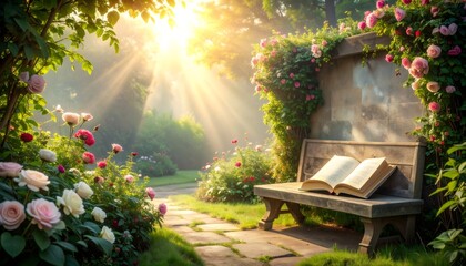 Obraz premium Open book on garden bench in sunlit rose garden