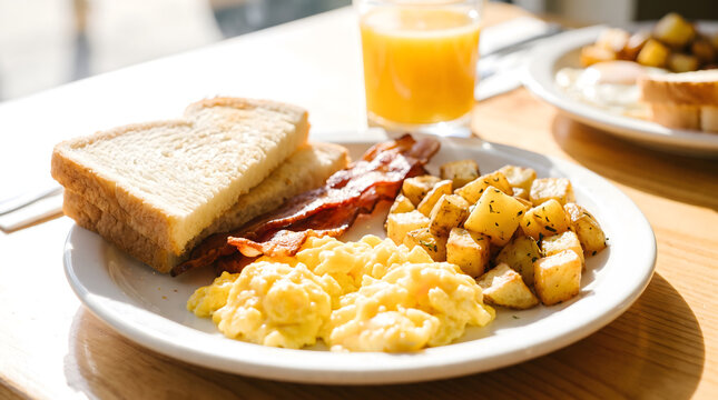 Classic American breakfast platter with scrambled eggs crispy bacon toast and roasted home fries in morning sunlight
