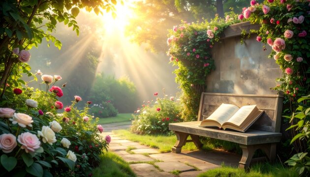 Open book on garden bench in sunlit rose garden
