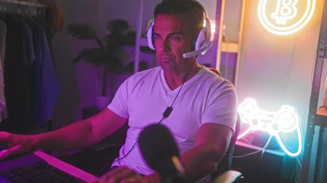 Man with headset raises fist while gaming at studio near neon controller sign and keyboard; victory excitement.