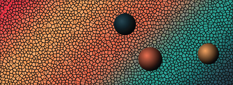 Fractured geometric pattern with planetary shapes and gradient color scheme mosaic tessellation polygon spheres