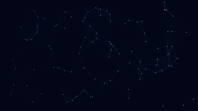 Seamless loop: frozen plexus network animation with crystalline white nodes on deep navy void. Complex web of interconnecting lines creates icy technological aesthetic. Data structure visualization.