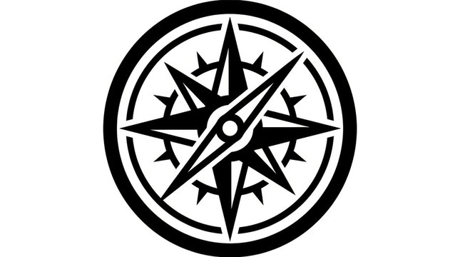 A minimalist black and white compass rose icon with a star in the center, representing direction and guidance on a journey or exploration
