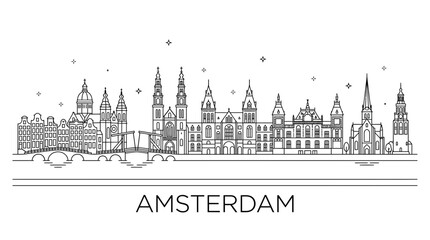 Fototapeta premium Amsterdam city skyline line art illustration.
