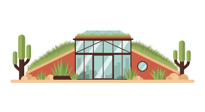 Sustainable Earth-Sheltered House Illustration in Desert Landscape