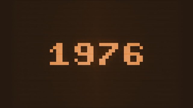 Retro computer screen displays 1976 in orange pixelated text, with a blinking cursor. Evokes vintage computing and historical technology themes for documentaries or presentations.