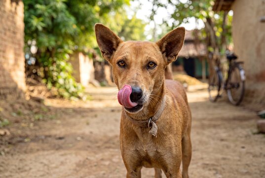 Brown Indian Pariah Stray Dog Licking Its Nose Outdoors in a Rural Village Environment Looking at Camera