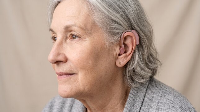 Close up of an elderly woman with grey hair wearing a modern pink hearing aid behind her ear, highlighting senior healthcare and hearing loss technology.