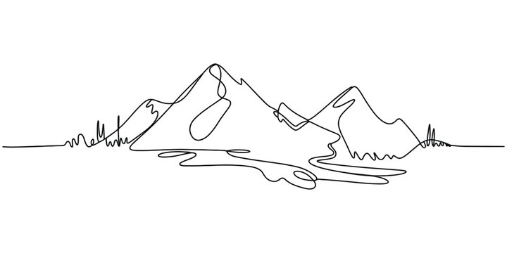Continuous single line drawing of mountain range landscape isolated on a white background Vector, illustration