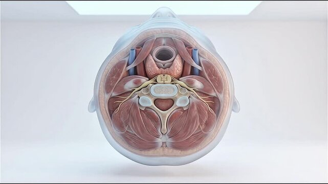 3D medical illustration showing a cross-section of the human neck with cervical spine anatomy highlighting nerve compression and pain in the spinal cord region.