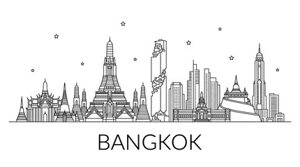 Obraz premium Bangkok Thailand skyline line art with ornate temples.