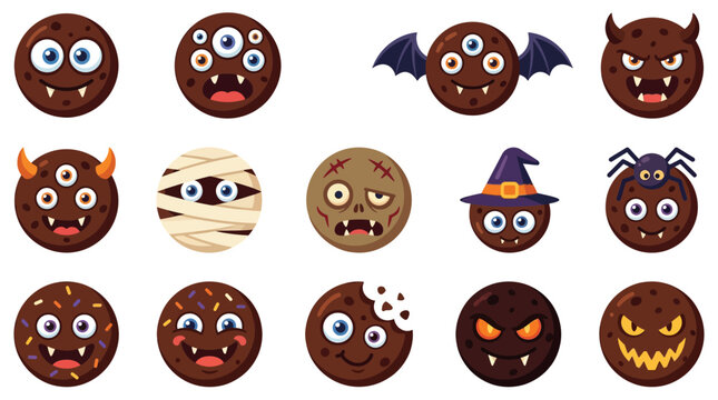 Halloween cookie characters with spooky monster and zombie faces isolated on a white background.