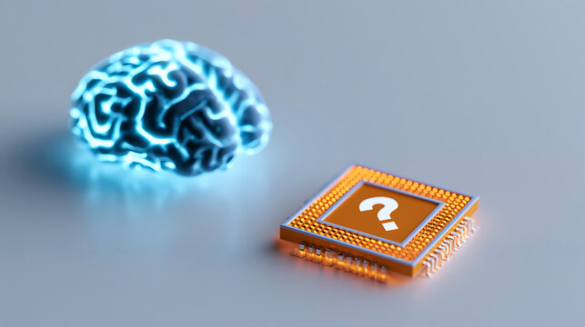 A glowing artificial intelligence brain next to a computer processor chip with a question mark symbol on a neutral background conceptual image