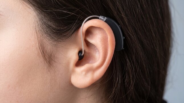 Professional close-up of a modern black digital hearing aid placed on a woman's ear, representing medical technology and assistance for hearing loss.
