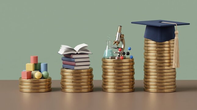 Education and learning concept with stacks of coins and school supplies