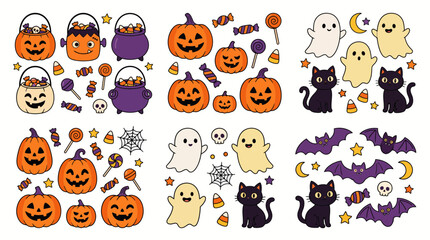 Fototapeta premium Halloween cute spooky sticker set with cartoon jack o lanterns ghosts bats and black cats