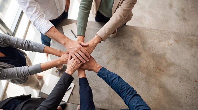 Collaborative business team stacking hands in unity, professional colleagues joining hands for success, diverse corporate partnership and teamwork