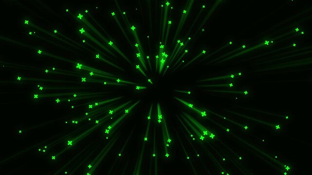 Abstract neon green glowing particles bursting and imploding from the center on a black background for motion graphics and sci-fi effects with alpha channel transparency