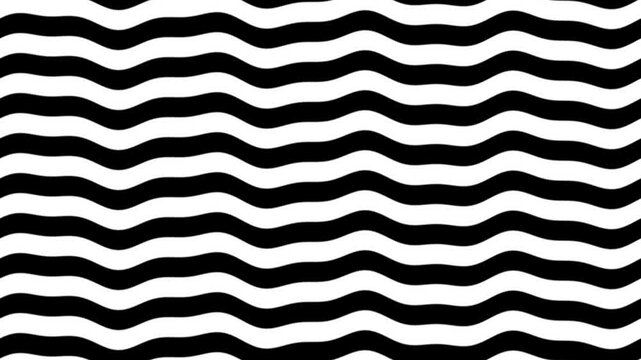 Fast wavy black and white horizontal stripes rise in a seamless optokinetic loop. Dynamic distortion supports vestibular training, eye tracking, neurology, and medical education.