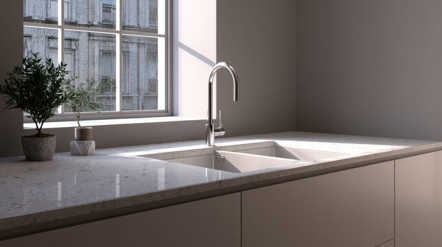 Modern Kitchen Interior Featuring Sleek Stainless Steel Faucet and Elegant Sink with Natural Light and Minimalist Design Elements