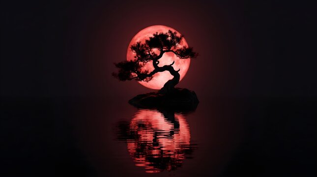 Surreal silhouette of a bonsai tree on a rock against a glowing red blood moon and water reflection