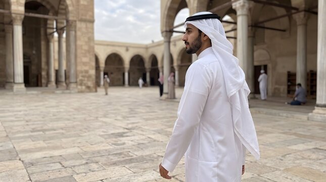 Arab Man Exploring a Historic Islamic Architectural Courtyard