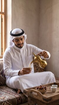 Gulf Arab Man Serving Arabic Coffee and Dates