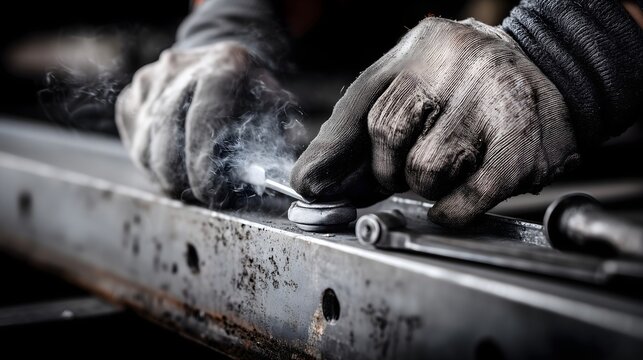 Gloved technician hands tightening precision industrial bolt on heavy machinery