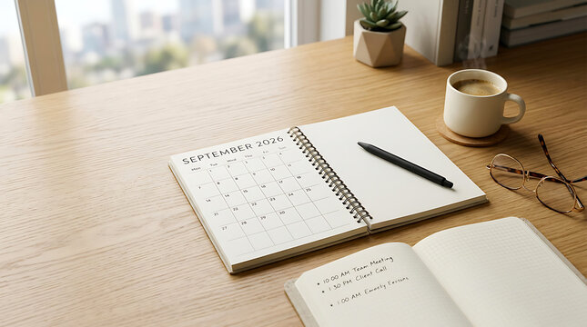 Open notebook with handwritten text on a wooden desk near a coffee cup study space desk setup home office writing tools notebook handwriting journaling planning workspace education creative