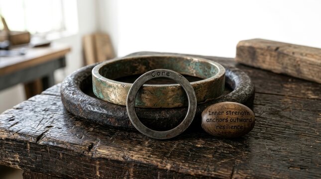 Metal core ring and engraved stone symbolizing inner strength and resilience