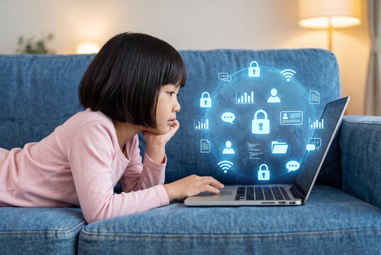 Asian girl using laptop on sofa with cybersecurity and online safety hologram icons