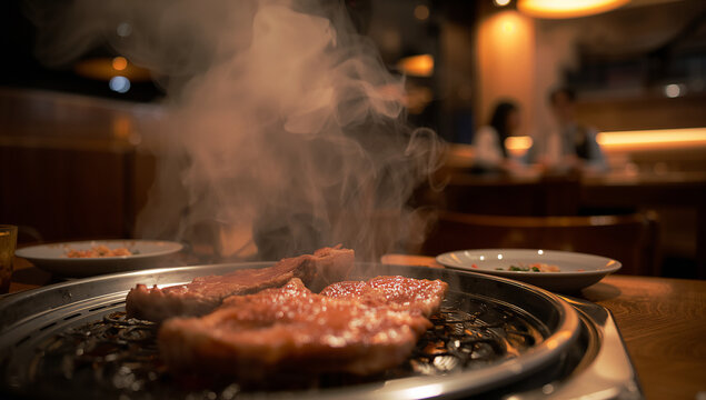 Modern Korean BBQ Restaurant Interior with Dramatic Overhead Lighting and Lively Social Dining Atmosphere