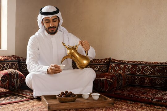 Gulf Arab Man Serving Traditional Arabic Coffee in Majlis