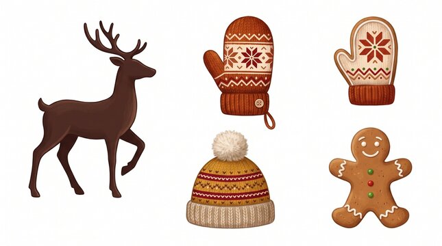 Christmas winter icons set with reindeer, knitted mittens, pompom hat and gingerbread man.