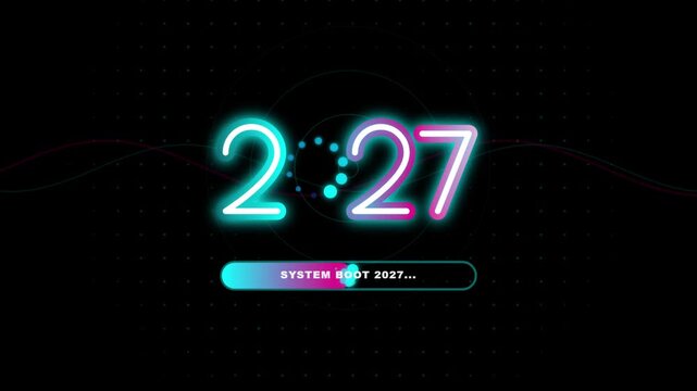 Retro neon digital clock displaying time with glowing lights on futuristic backdrop.