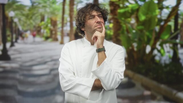Man chef in white coat with finger to chin, crossed arms and wristwatch on a palm lined street promenade; thoughtful reflection.