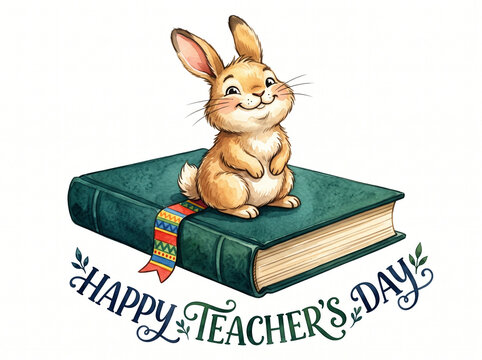 Small bunny resting on leather book with colorful ribbon bookmark for happy teachers day decorative card composition.