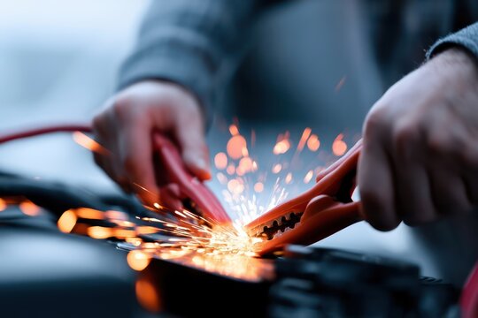 Car battery boost creating sparks with jumper cables